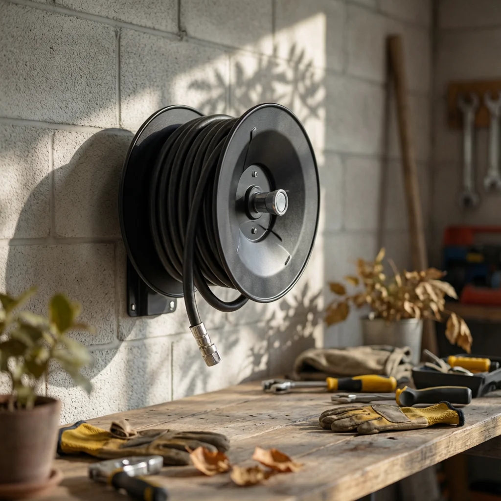 Manual Hose Reel Hand Crank High Pressure Wall Mountable Unit for Car Wash Bays and Maintenance Areas