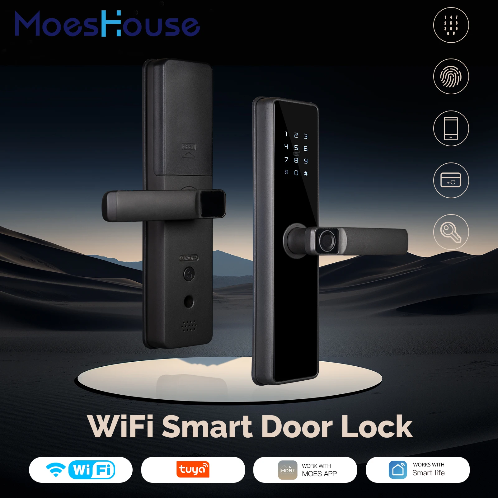 WiFi Smart Door Lock Indoor Password Fingerprint Remote Unlock Keycard Antihijack Tamper Alarm Battery Powered Temporary Charge