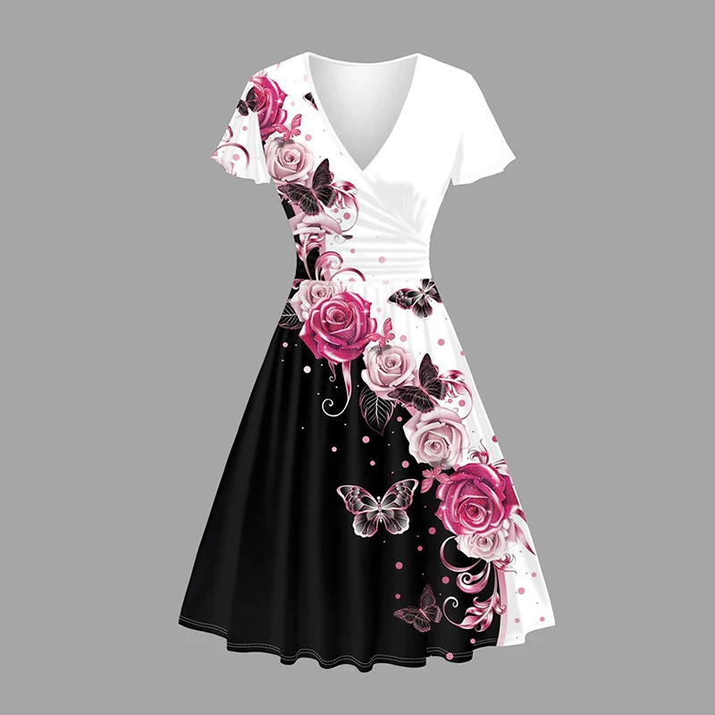 

Summer Dresses for Women 2024 Butterfly Rose Print V Neck Ruffle Sleeve Surplice Dress High Waist A-line Dress