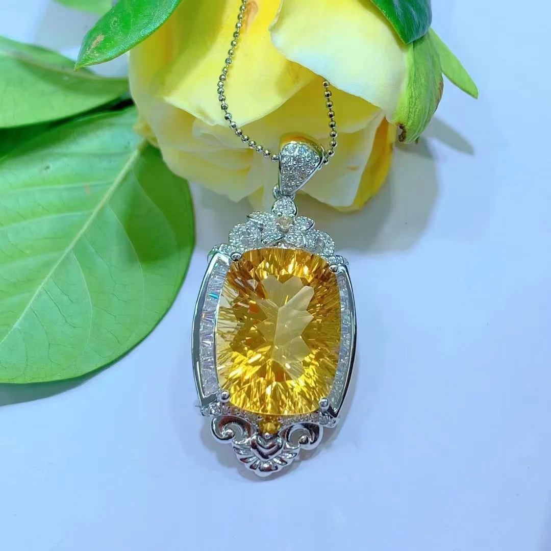 S925 Silver Plated Natural Citrine Pendant, Oval 15x20mm No Chain, Crystal Jewelry Gift for Women