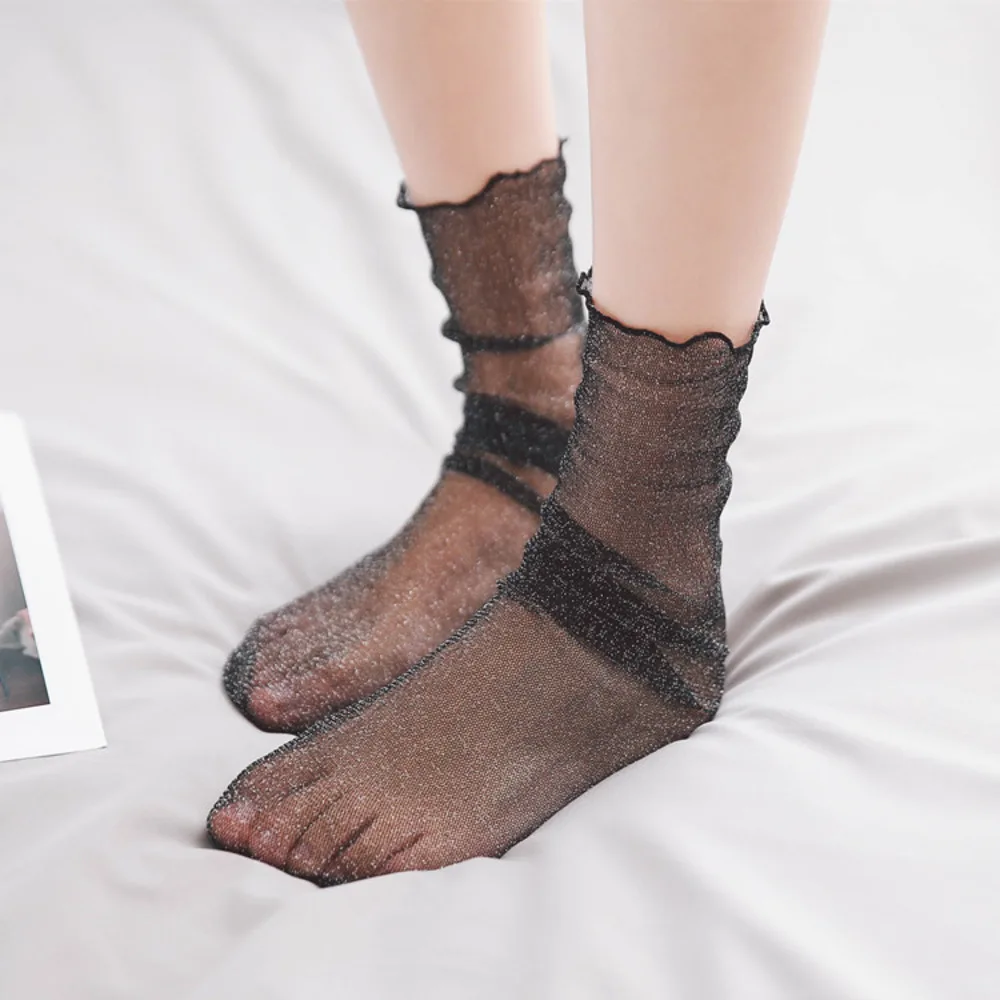 

Silver stockings tulle female ultra-thin Sexy Lace Mesh Fishnet Socks Transparent Stretch Elasticity Women Cool Socks 1pair=2pcs