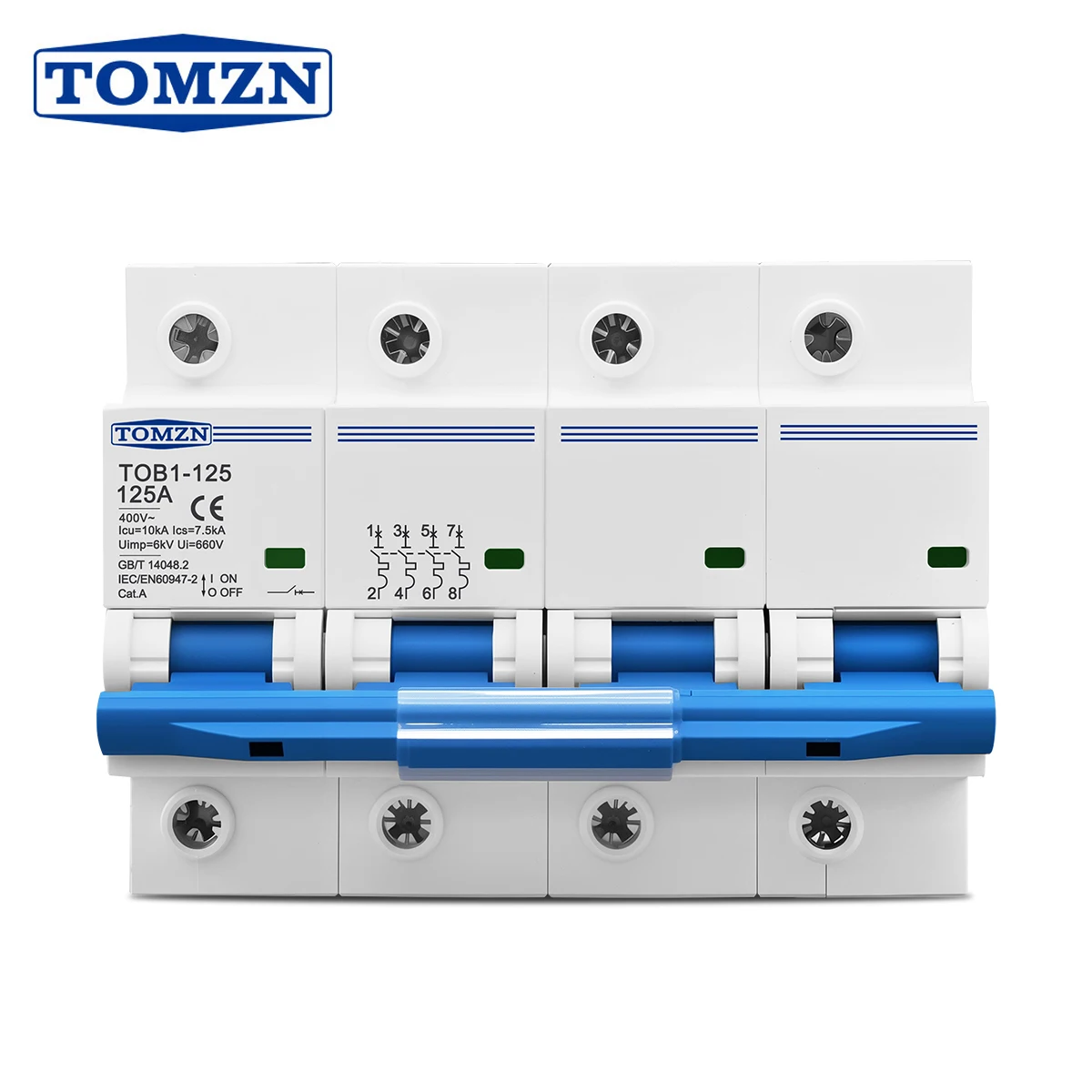 

TOB1-125 4P 80A 100A 125A 220V/400V AC 50Hz/60Hz Circuit breaker MCB 10kA Din Rail High current Switch TOMZN