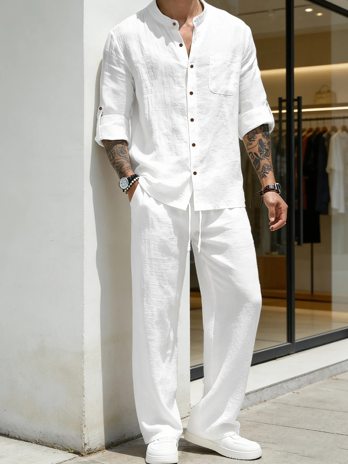 Suit Loose Linen Long Sleeve Shirt And Pants Beach Set for Men Casual Comfortable Breathable Four Season American Style ZY-4345 view 2