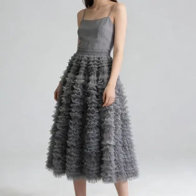 Summer Colorful Sweet Age Reducing Pleated Pure Color Mesh Medium Long Fluffy Skirt Cake Skirt for Women