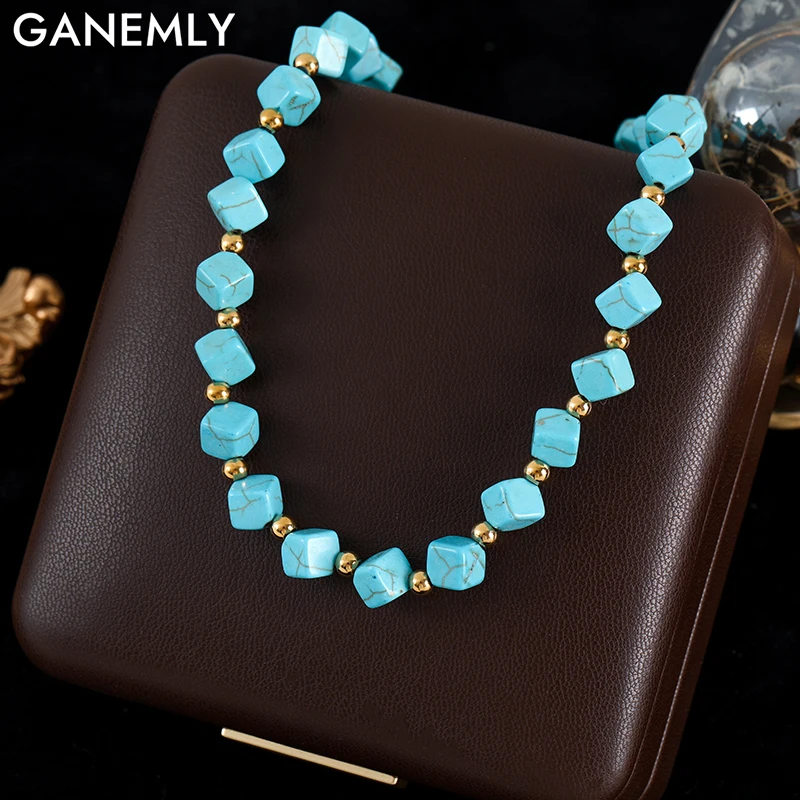 

GANEMLY 316L Stainless Steel Artificial Turquoise Chokers Necklace For Women Fashion Collar Neck Chain Waterproof Jewelry Gift