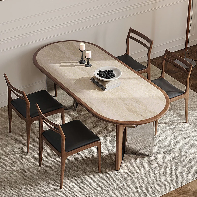 

Retro Elegant Oval Dining Table with Sturdy V-shaped Leg Modern Kitchen Dining Room Table Set Luxury Home Restaurant Table Chair