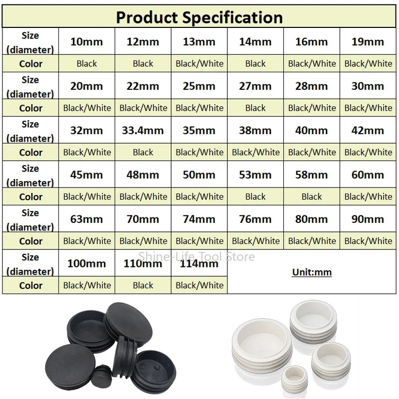 Dia 10~114mm Plastic Black Round Pipe Plug Leveling Feet Furniture Table Chair Leg Dust Cover Anti Slip Wear-resistant