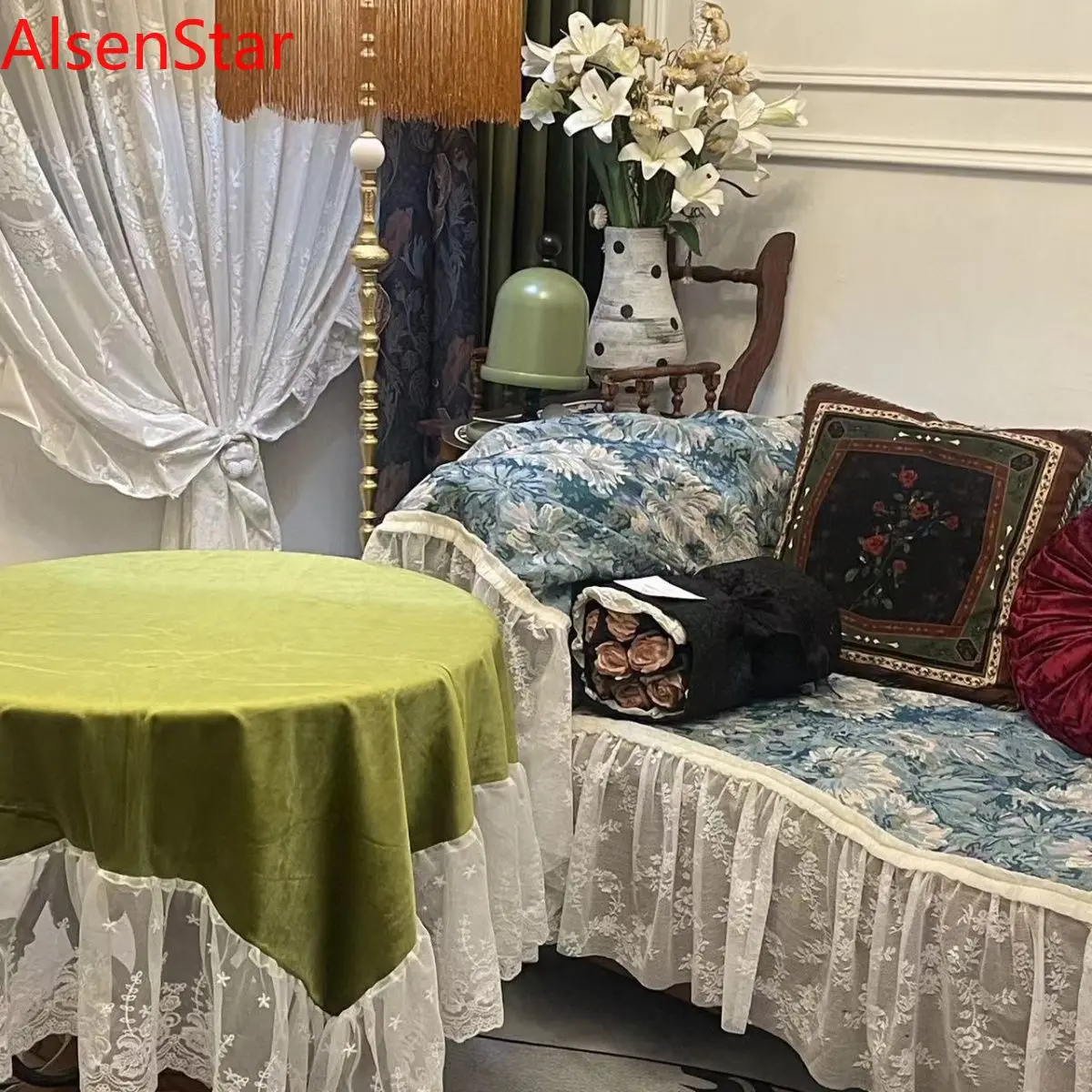 French Retro Lace Tablecloth Velvet Round Table Balcony Coffee Table Tablecloth Lace Cover Banquet Party Home Decoration