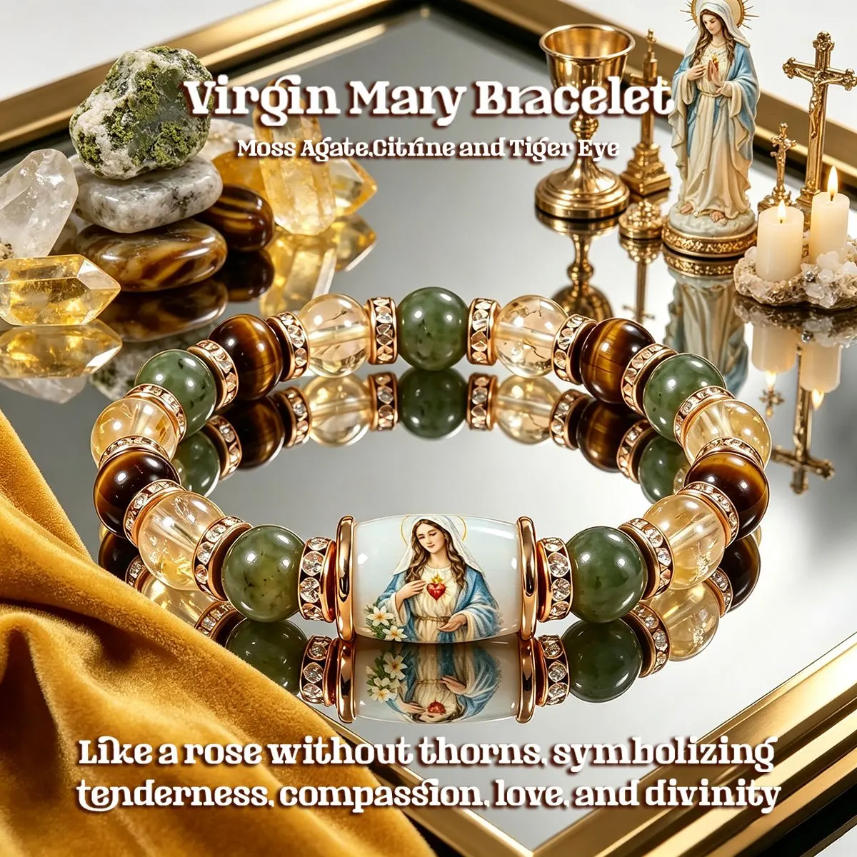 1pc Virgin Mary Sacred Heart Pendant Men's and Women's Bracelets, Natural Moss Agate Tiger Eye Lemon Stone 8mm Beaded Bracelet