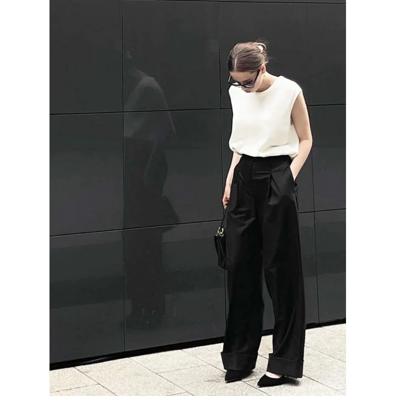 

2025Hot Selling European and American Style Simple Black Floor-Length Wide-Leg Trousers Commuting Loose High-Waist Draped Suit P
