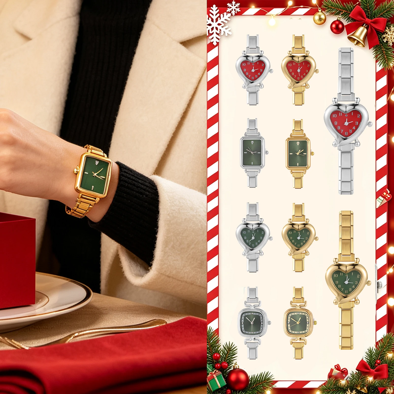 Y2K Green Red Watch Dial 9MM High Quality Stainless Steel Square Heart Watch Bracelet Jewelry For Men Women's Christmas Gifts
