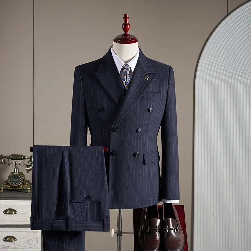 

Pinstripe Men Suits 3 Pieces Peaked Lapel Double Breasted Formal Wedding Groom Business Suit Blazer Sets Jacket+Vest+Pants