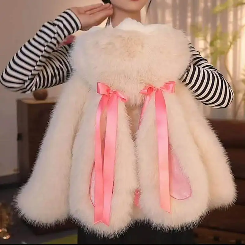 Girls' Thick Fur Coat 2026 New Cute Rabbit Ears Hooded and Fluffy Sweater Warm Winter Clothing