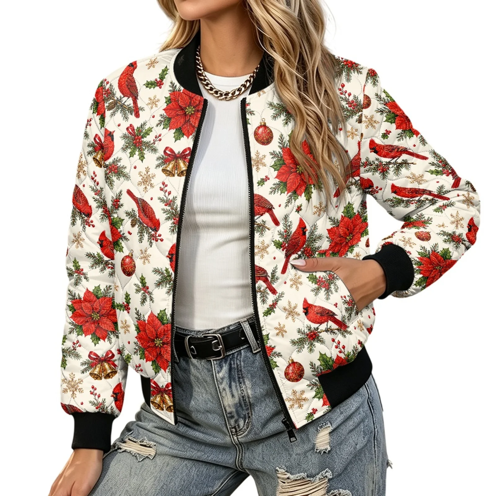 PENSTROLL Cardinal Print Womens Lightweight Zip up Padded Outerwear for Everyday Water-Resistant Quilted Barn Jackets for Party