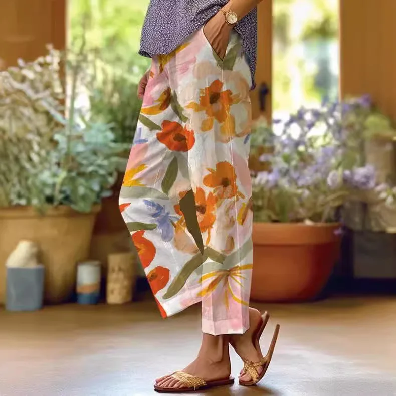 

Women Rolled Hem Casual Pants Floral Print Harem Pants Boho Lace-up Dress Stylish Women's Casual Trousers Flowy for Office