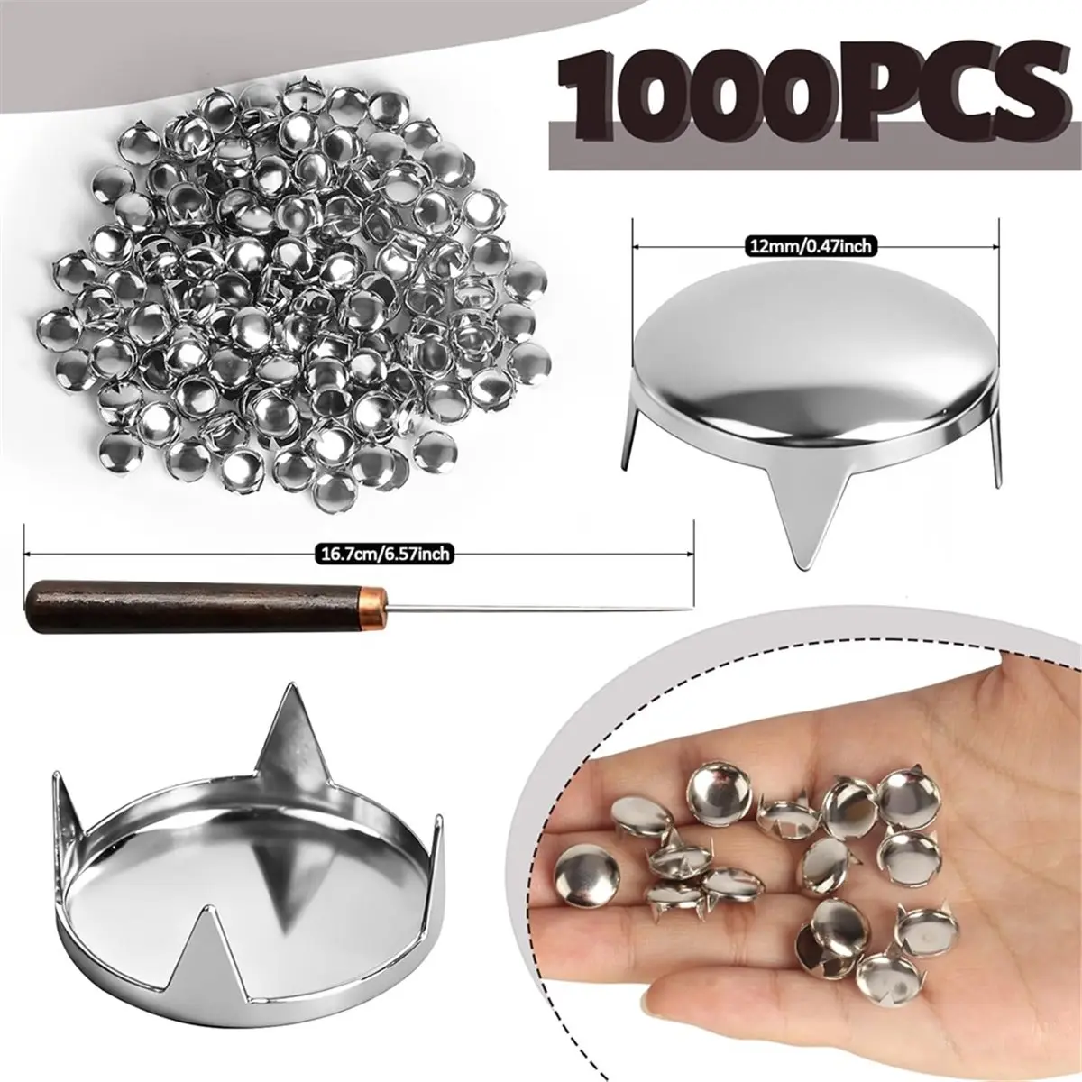 

AT33 1000 Pieces 12 mm Round Dome Studs for Clothing, Silver Studs for Clothing, Punk Spikes for Clothes, Bag, Leather, Shoes