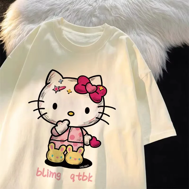 

MINISO Sanrio Hello Kitty мультяшная графическая академическая атмосфера хлопковая футболка с принтом женская модная летняя футболка с принтом для пар Y2K