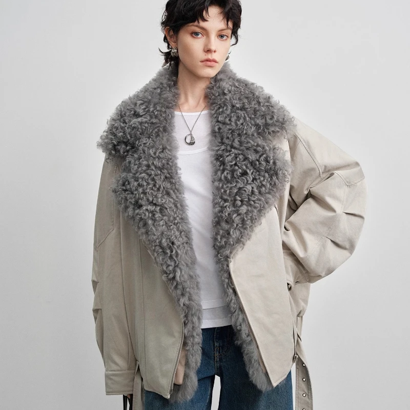 YOLANFAIRY الخريف والشتاء 90 الأبيض أوزة أسفل الفراء سترة انفصال لامب طويلة الأكمام الفراء طوق معطف الصوف شوهابا اغنائية 2025