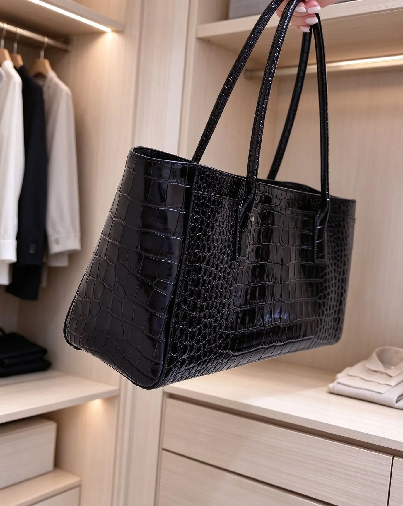 Unisex Black Crocodile Embossed Tote Bag Glossy Faux Leather Large Capacity Open Top Design Long Shoulder Handles Front Pocket Casual Daily Work Shopping Shoulder Handbag