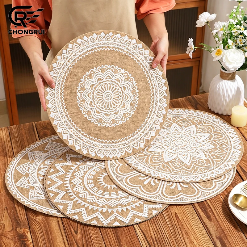 10Pcs Bohemian Round Mats 38cm Large Size Jute Woven Placemats Heat Resistant Non-slip Pads Dining Table Coaster Set for Wedding