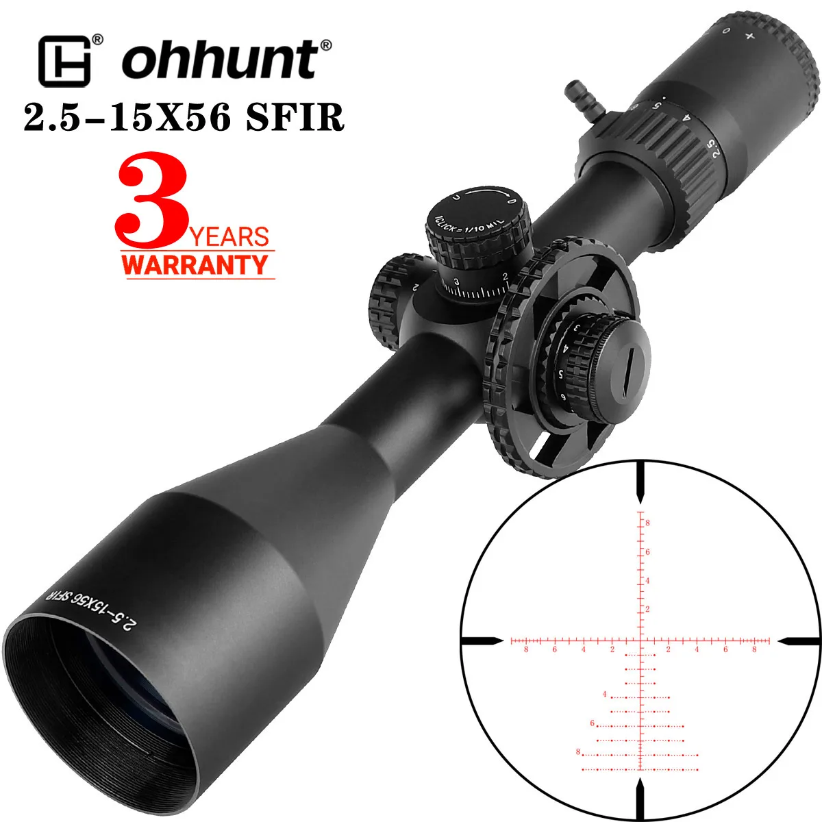 

ohhunt LRS 2.5-15X56 SFIR Hunting Scope Glass Etched Reticle Red Illumination Side Parallax Turret Lock Reset Scope