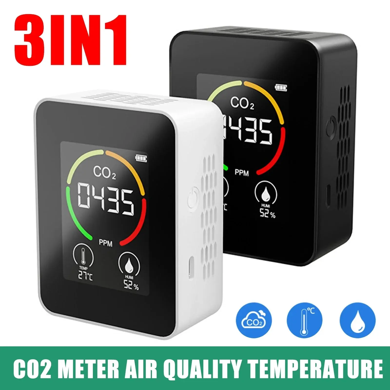 3 In 1 LCD CO2 Meter Air Quality Temperature Carbon Dioxide Detector Automatic Calibration 400-5000PPM PPM Air Quality Monitor