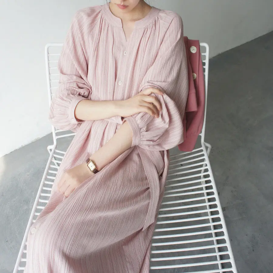 Gentle Pink Vertical Striped Shirt Dress Small V Lantern Sleeve Belted Side Pocket over Knee High End Feeling Long Dress
