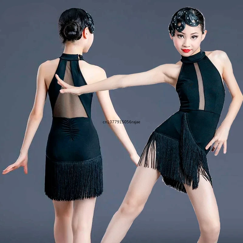 Robe de danse latine noire sexy pour filles, robes de danse de salon de compétition professionnelle, gland plus riche, vêtements de danse de valse Go Cha-cha, enfants