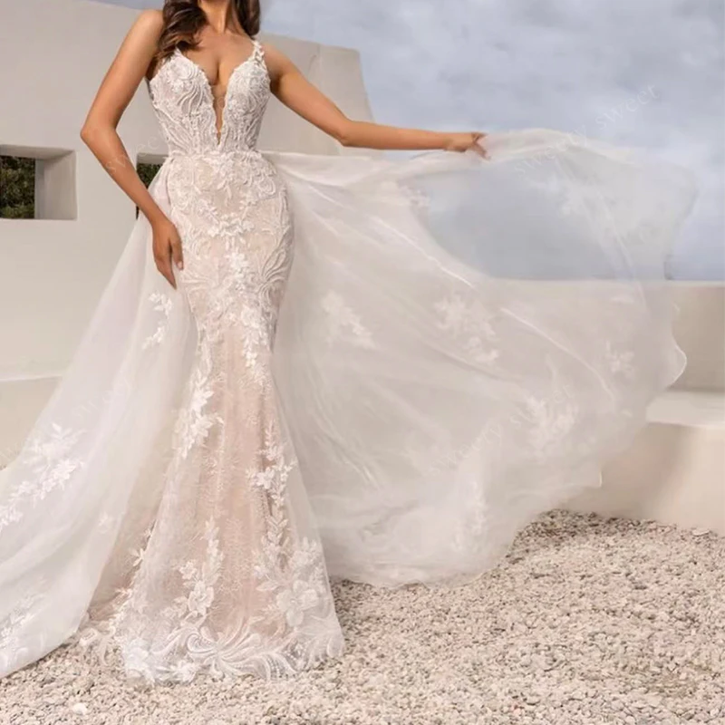 Abnehmbarer Zug Brautkleid Sexy Organza mit Stickerei Meerjungfrau Ballkleid ärmellos V-Ausschnitt individuelle Braut Vestido De Novia