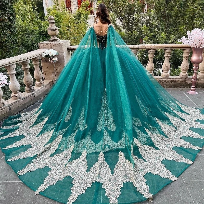 

Haute Couture Gorgeous Green Shiny Quinceanera Dresses Gold Applique Ball Gown Princess Birthday Party Sweet With Cape Gothic