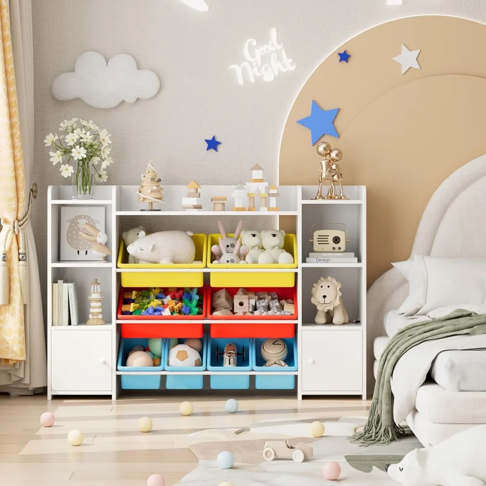 55''Large Toy Storage Organizer, Toy Organizers and 6 Storage Cubbies, Bookshelf, Playroom Organization and Storage Bins