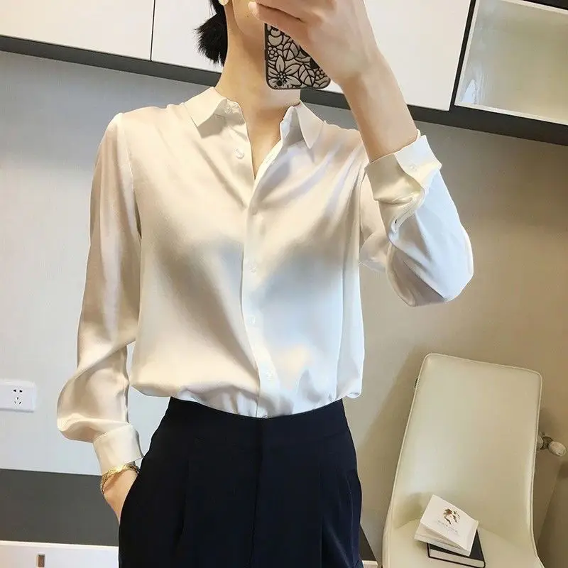 Luxury Brands Shirts Women Silk Shirts Blouse Office Ladies Single-breasted Long Sleeve Tops Mujer White Black Gold Green Purple