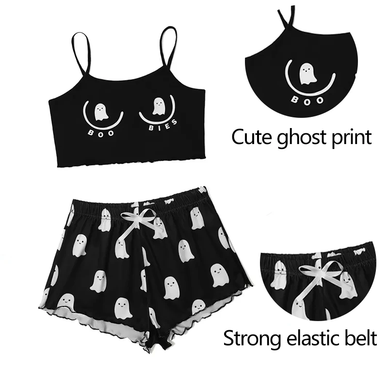 Women Pajamas Sleepwear Pajama Set Sports Camisole And Shorts S M L Black Cartoon Print Print Ventilate Casual Soft