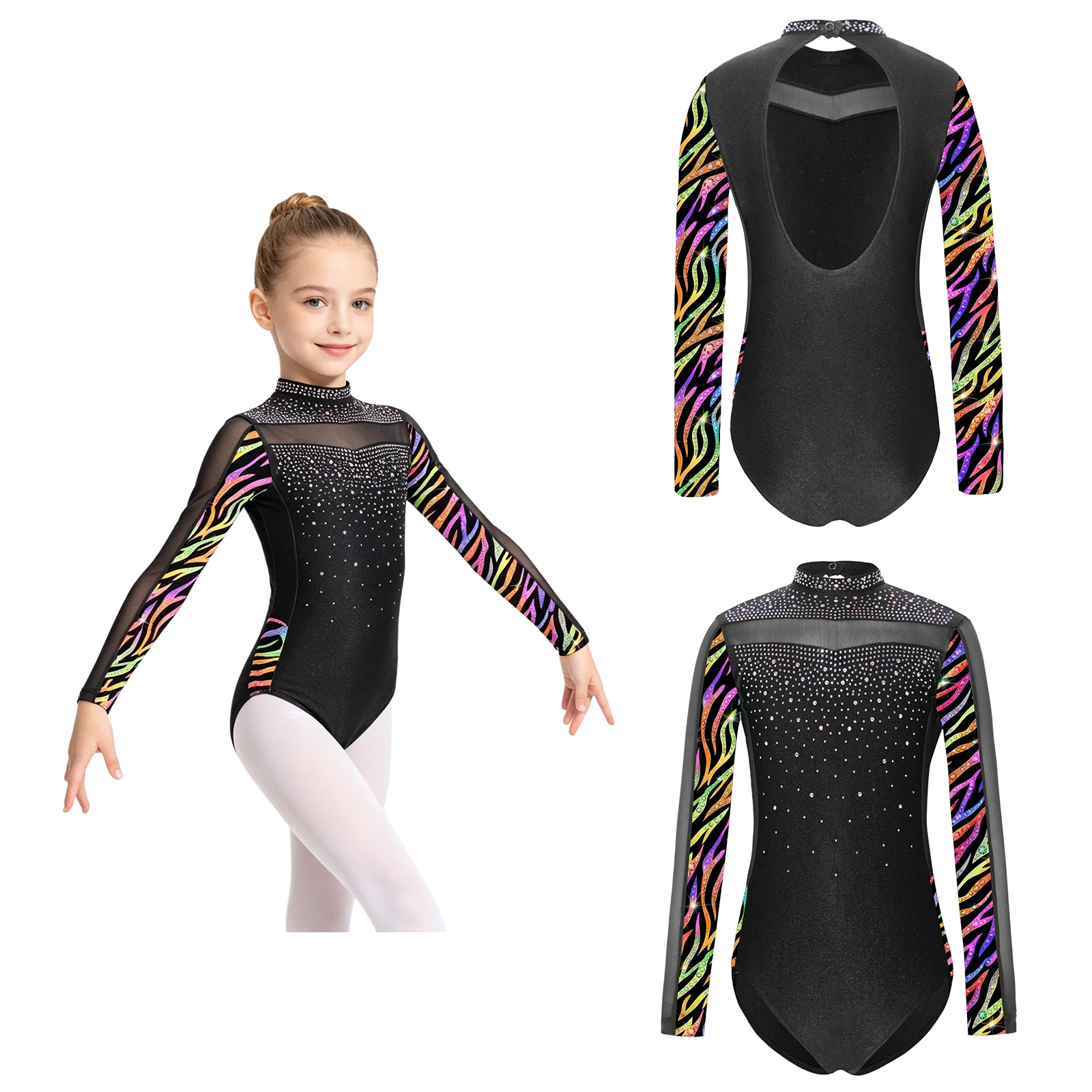 

Гимнастический купальник для девочек для фигурного катания на льду, с блестящими стразами, в стиле пэчворк, с принтом, с длинными рукавами, без спинки