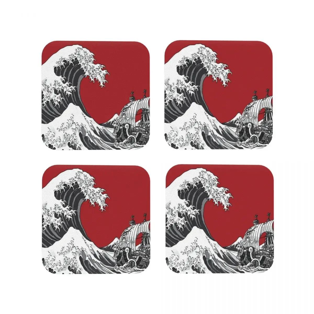 Red The Great Wave Coaster Coffee Mat Set of 4 Placemats Cup Tableware Decoration & Accessories Pads for Home Kitchen Dining Bar