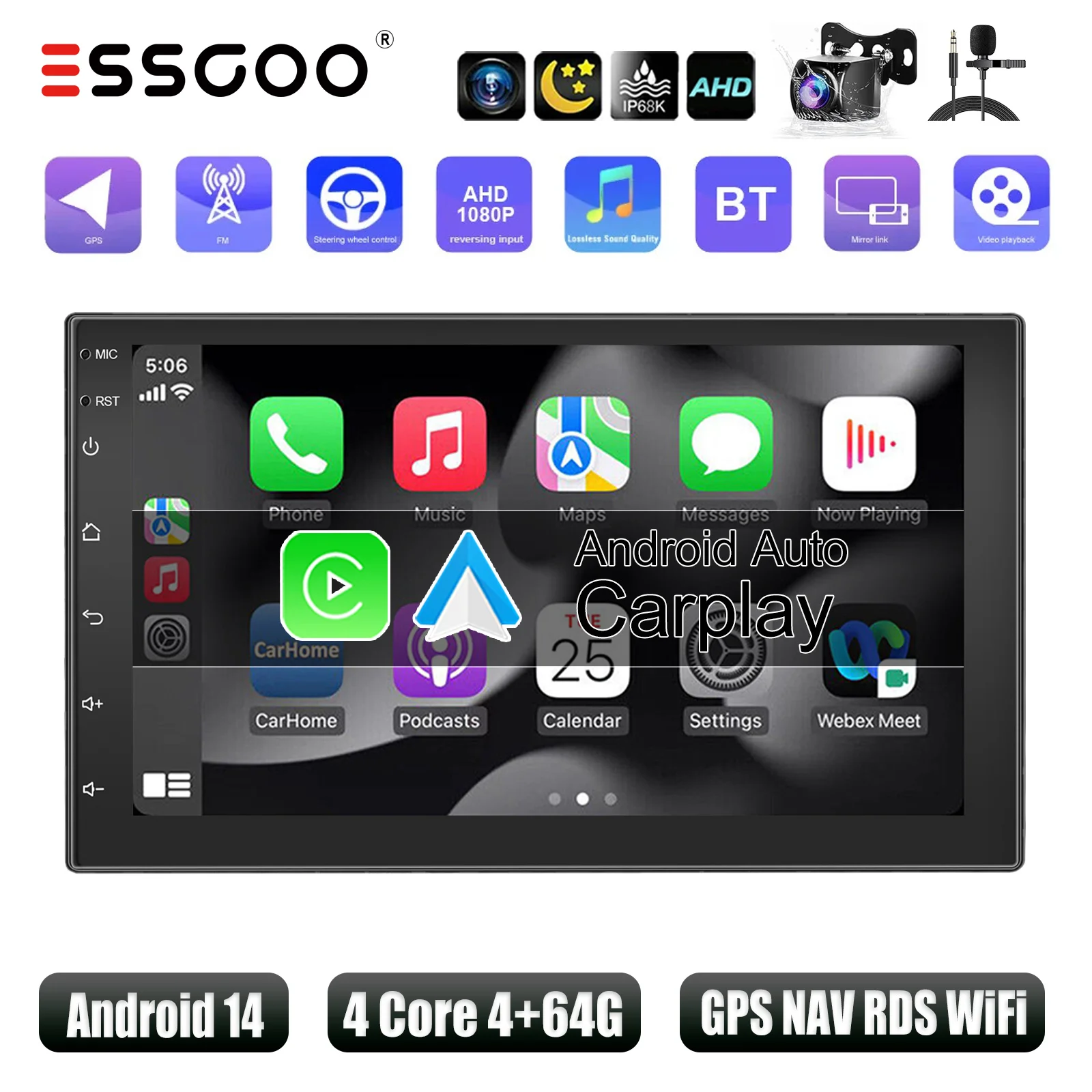 ESSGOO Autoradio Wireless CarPlay Android Auto Dubbel 2 DIN Android 13, 7-inch scherm, HD FM-radio, GPS RDS, WiFi, Bluetooth, touchscreen, hoofdunit 4+64G, DAB+AHD, camera.