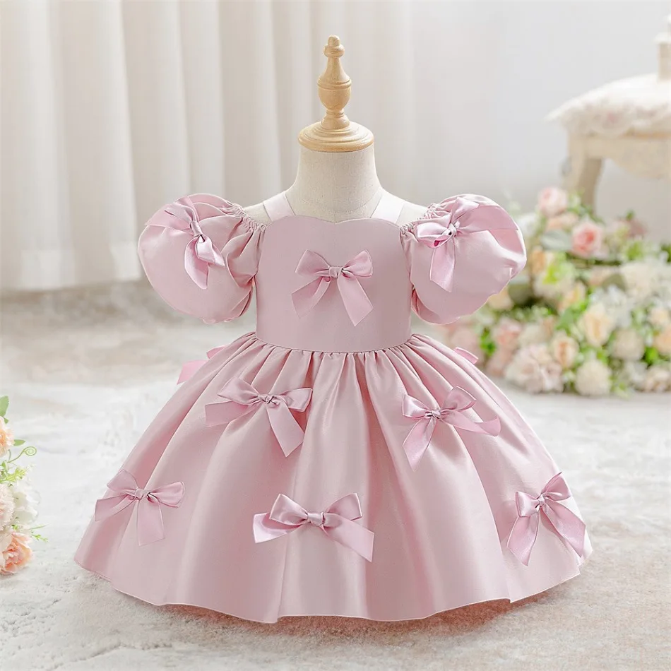 Pink Satin Flower Girl Dress Puff Bubble Short Sleeve Many Bow Puffy Ball Gown Kids Birthday Baptism Princess Formal Dress ASQ03