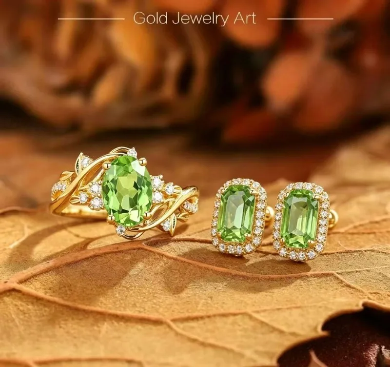 Light green earring and ring two-piece set, full of vitality.