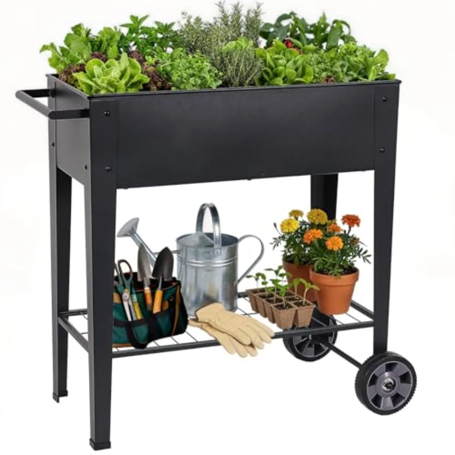 

Высокая приподнятая грядка (32 дюйма) на ножках и колесах для удобства перемещения, металлические ящики-кашпо для улицы с полкой, приподнятая грядка для сада