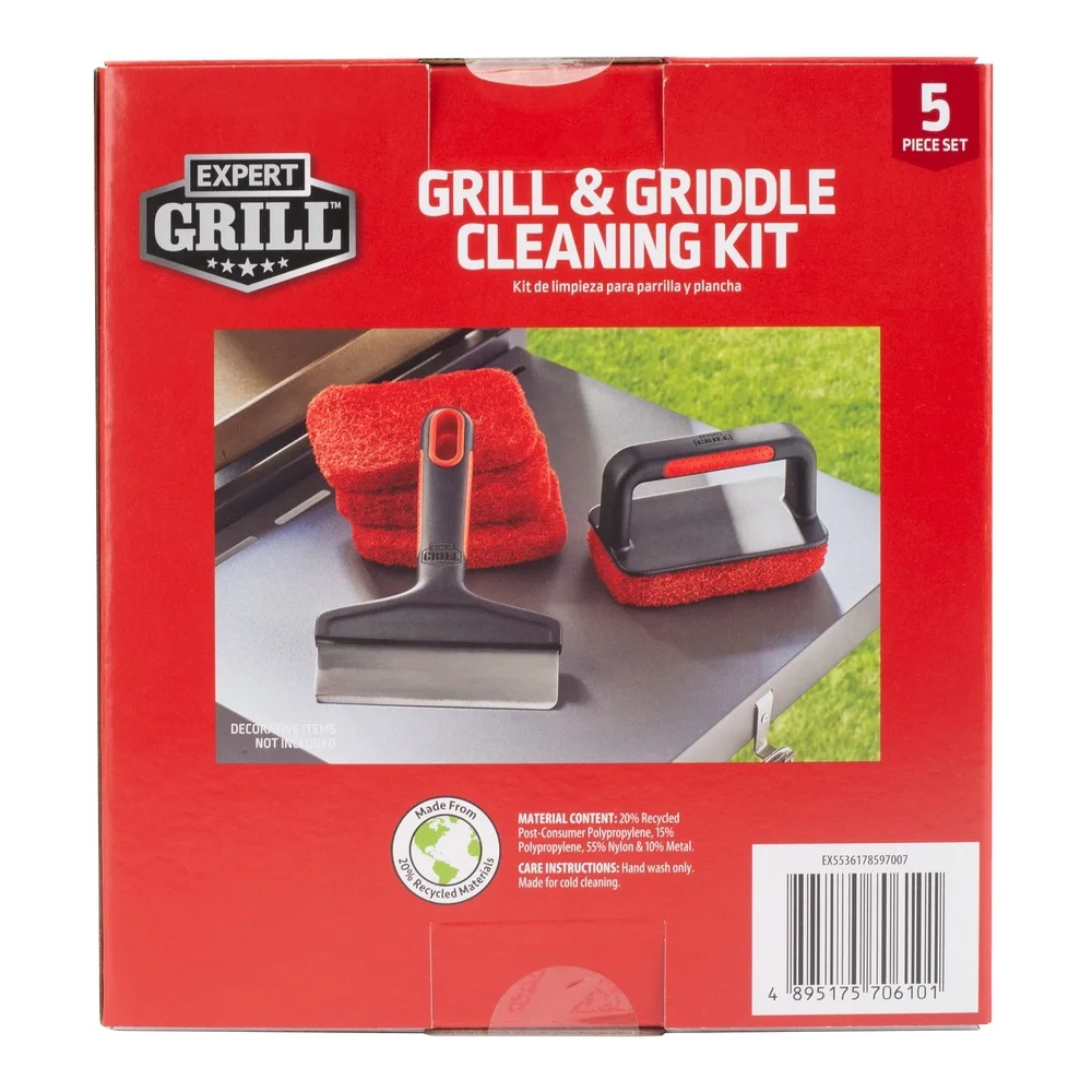 Kit Pembersih Wajan SS PP 5 Buah Set Pengikis Wajan Tugas Berat Bantalan Penyimpanan Tahan Lama Alat Pembersih BBQ Pegangan Anti-selip