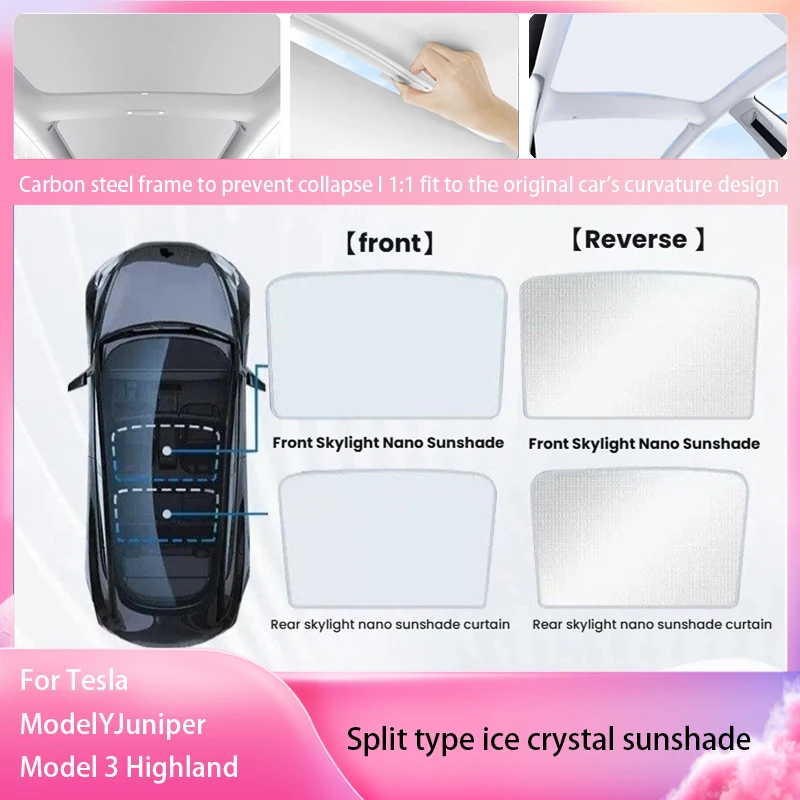 

For Tesla Model Y/3 Ice Crystal Sunroof Shade – Heat Insulation Sunshade Net, Top Ceiling Sun Visor Cover,UV Block Thermal 2PCS
