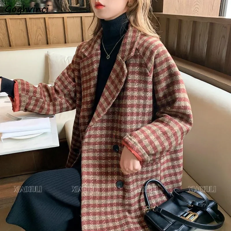 

Women Wool Blends Coat 2XL Plaid Loose Slim Japanese Style Simple Double Breasted Elegant Fashion Office Lady Tailored Collar