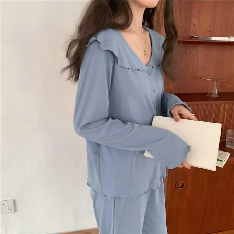 Single Breasted Shirts + Trousers Soft Pajamas Set Solid Navy Collar Simple Home Wear Summer Night Home Suit Loose Casual Blue