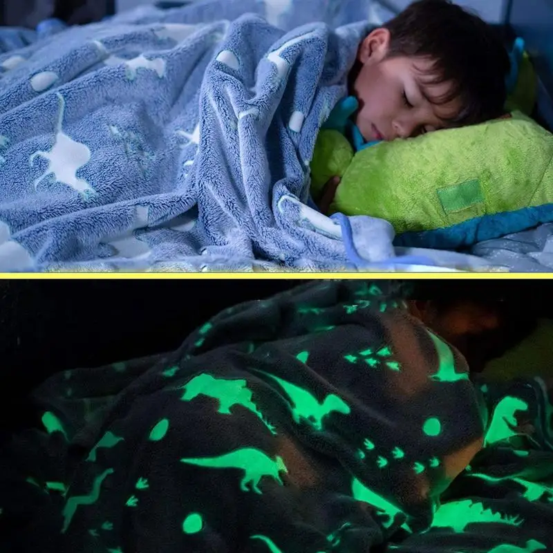 New Dinosaur Luminous Blanket Soft Cozy Flannel Throw Blanket Double-Sided Cartoon Dinosaur Glow Blanket for Kids Magic Gift