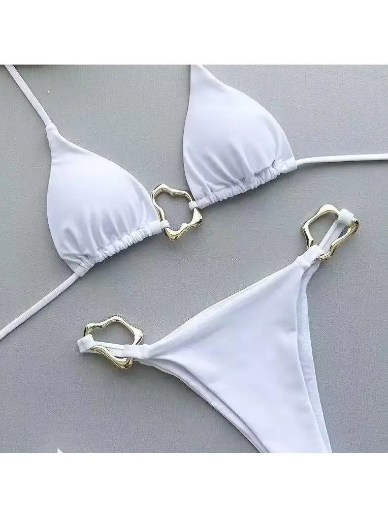 

ter Puup Two-Piece Pure Color Bikini Swimsuit Ne Hanging Design Gathered Bikini Swimwear Nylon Material with Chest Pad