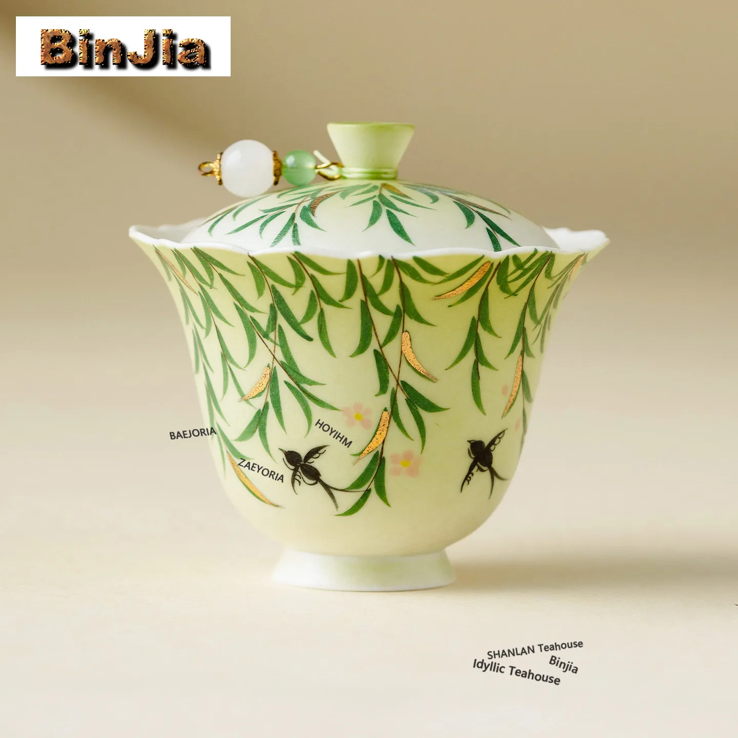 BAEJORIA 90ml Hand Painted Willow Swallow Gaiwan Zen Tea Tureen Tea Bowl With Lid Kit Tea Making Cover Bowl Cha Decoration