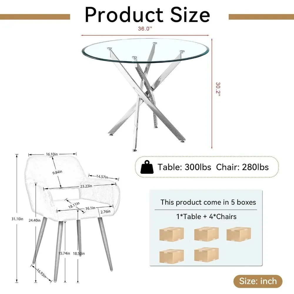 Set tavolo da pranzo da 5 pezzi, tavolo da pranzo rotondo in vetro da 36 pollici e 4 sedie da pranzo imbottite, tavolo compatto e set di sedie per 4