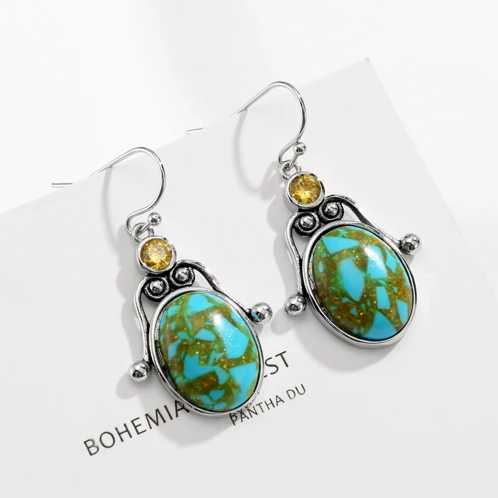 925 Sterling Silver Stud Earrings New Inlaid Lemon Yellow Diamond Earrings Exaggerated Oval Turquoise Ear Hook Earrings