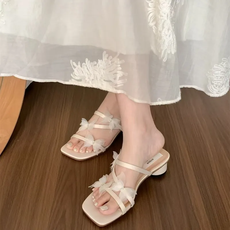 Thick Heels with Fine Belt Fashion Shoes Women\'s New Summer Bow Square Slippers Open Toe Flip-flops