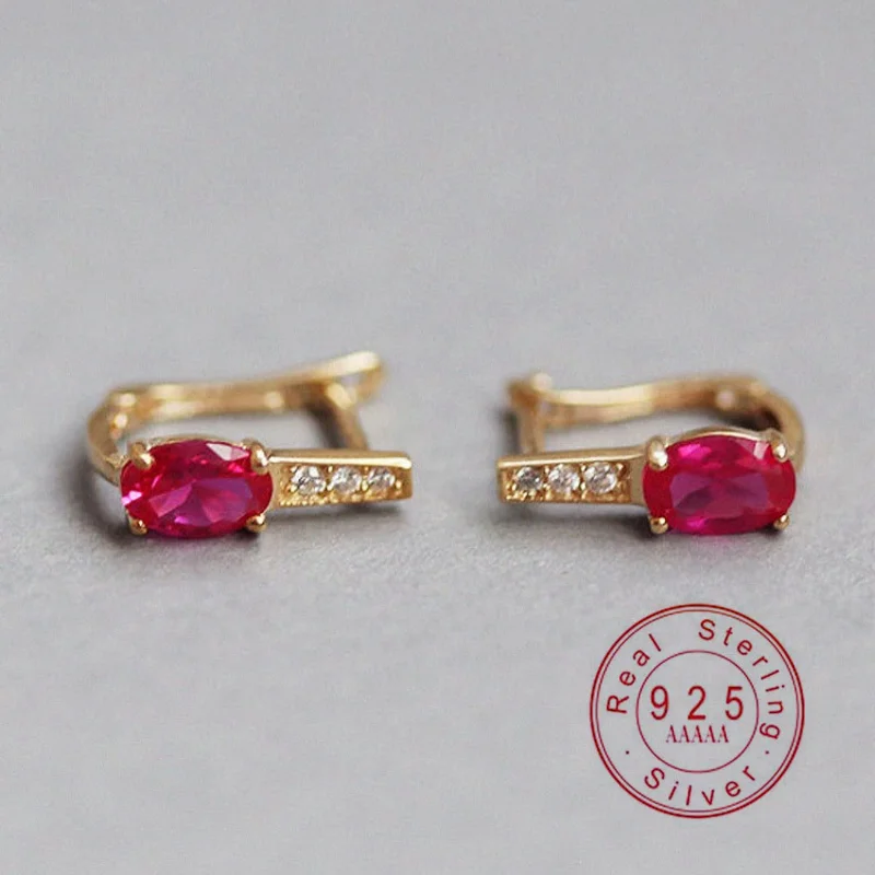 Dainty Red Oval CZ Zircon Earrings 18K Gold Plated 925 Sterling Silver Ladies Small Hoop Earring